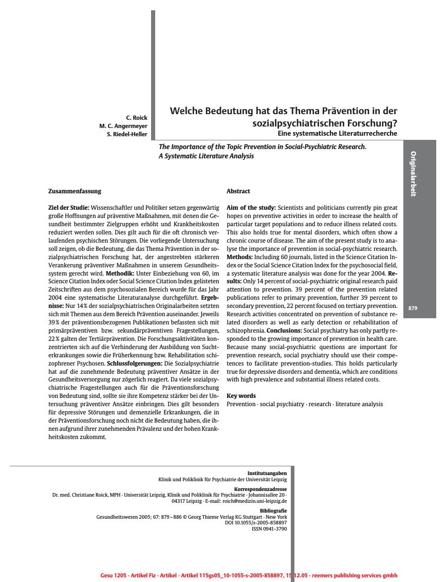 Vorschauseite 1: Welche Bedeutung hat das Thema Prävention in der sozialpsychiatrischen Forschung?