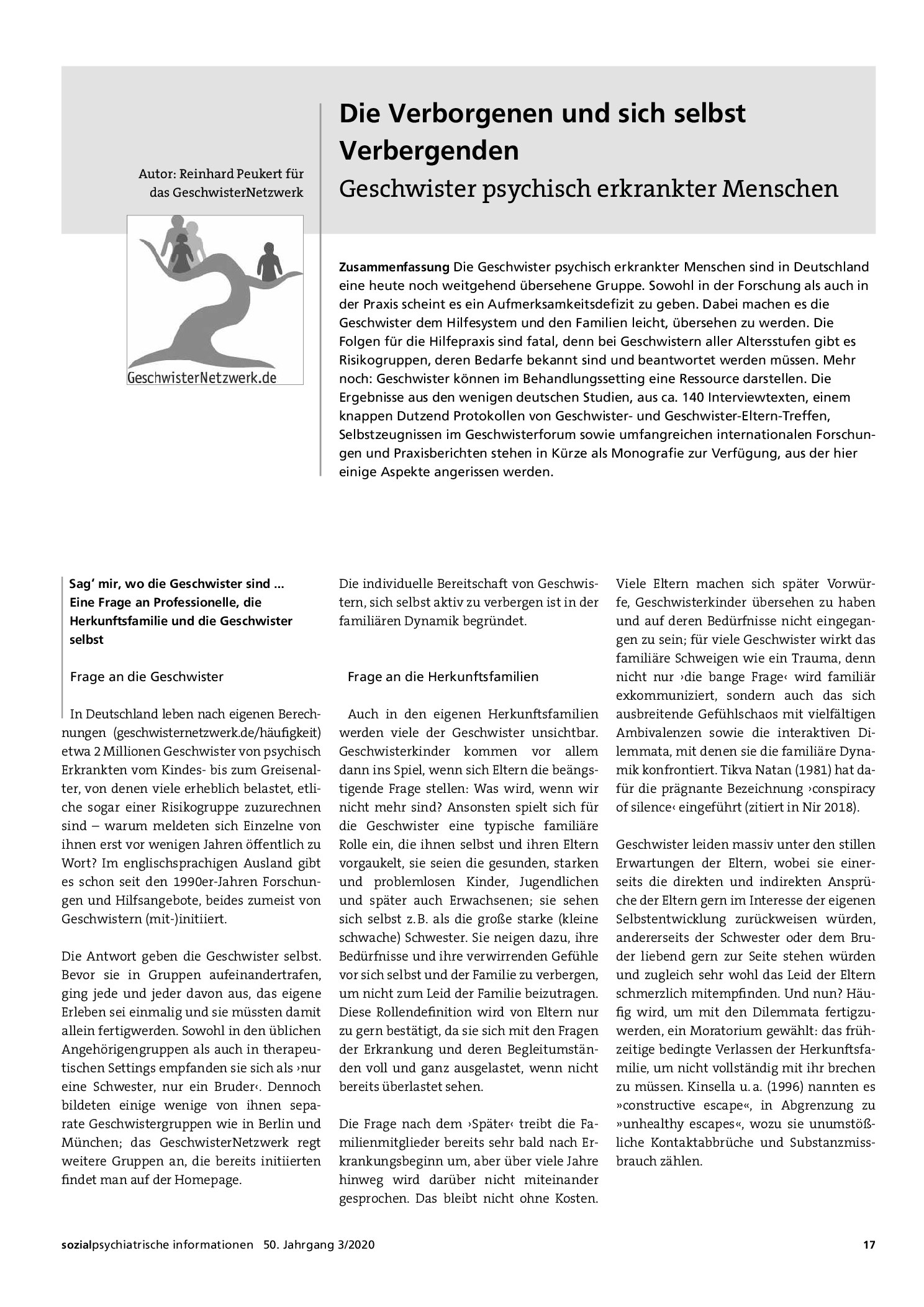 Vorschauseite 1: Die Verborgenen und sich selbst Verbergenden: Geschwister psychisch erkrankter Menschen