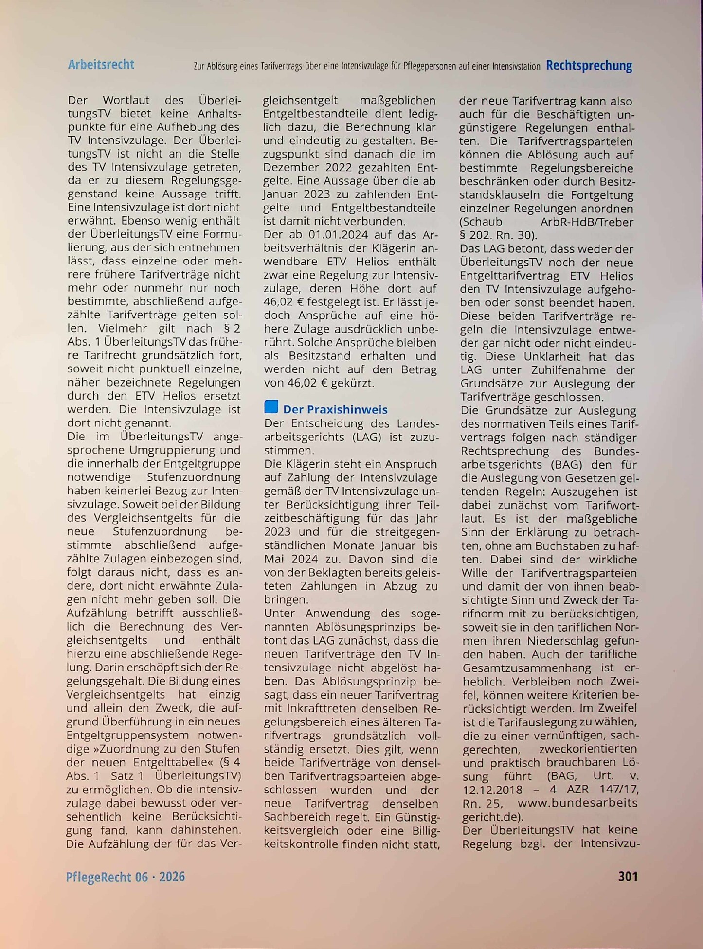 Vorschauseite 4: Zur Ablösung eines Tarifvertrags über eine Intensivzulage für Pflegepersonen auf einer Intensivstation