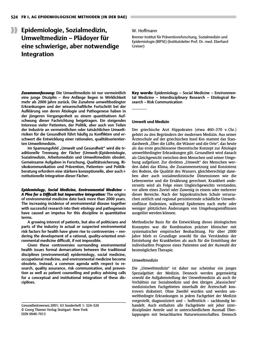 Vorschauseite 1: Epidemiologie, Sozialmedizin, Umweltmedizin - Plädoyer für eine schwierige, aber notwendige Integration