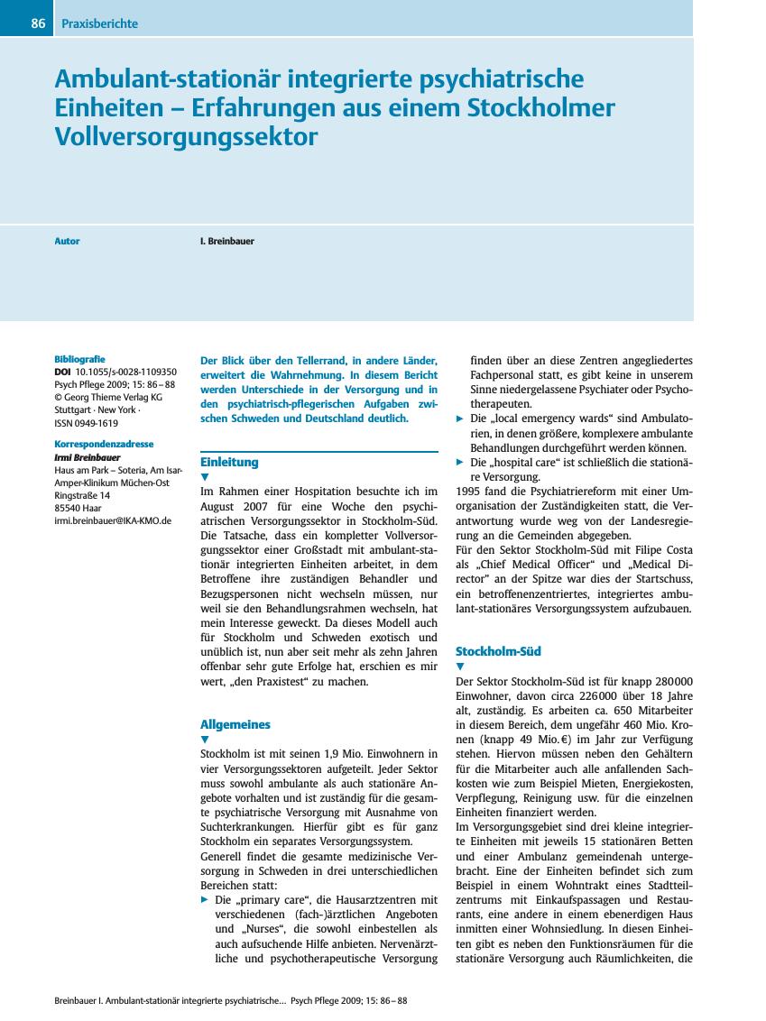 Vorschauseite 1: Ambulant-stationär integrierte psychiatrische Einheiten ? Erfahrungen aus einem Stockholmer Vollversorgungssektor