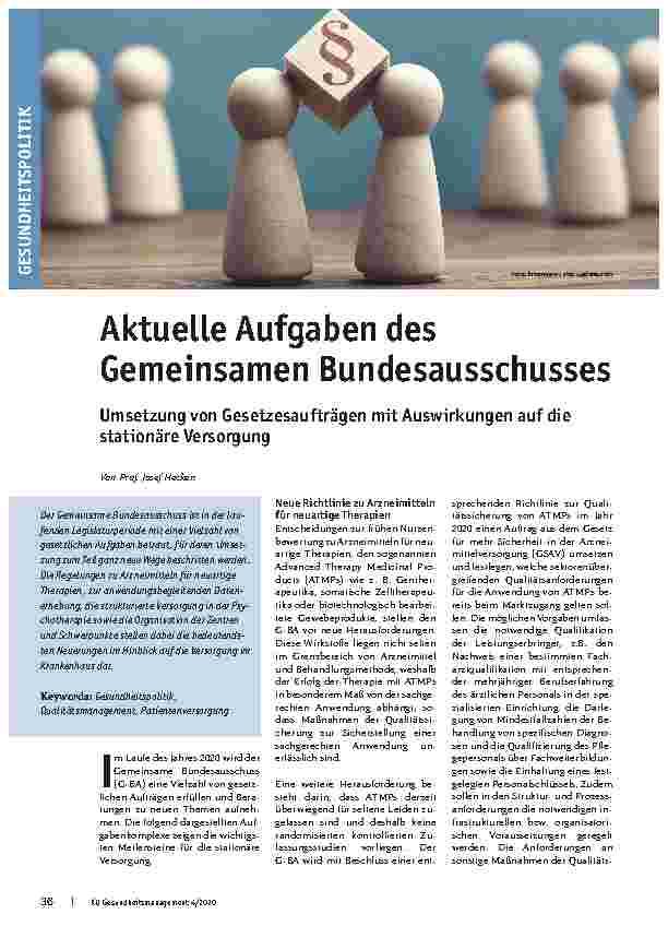 Vorschauseite 1: Aktuelle Aufgaben des Gemeinsamen Bundesausschusses: Umsetzung von Gesetzesaufträgen mit Auswirkungen auf die stationäre Versorgung.
