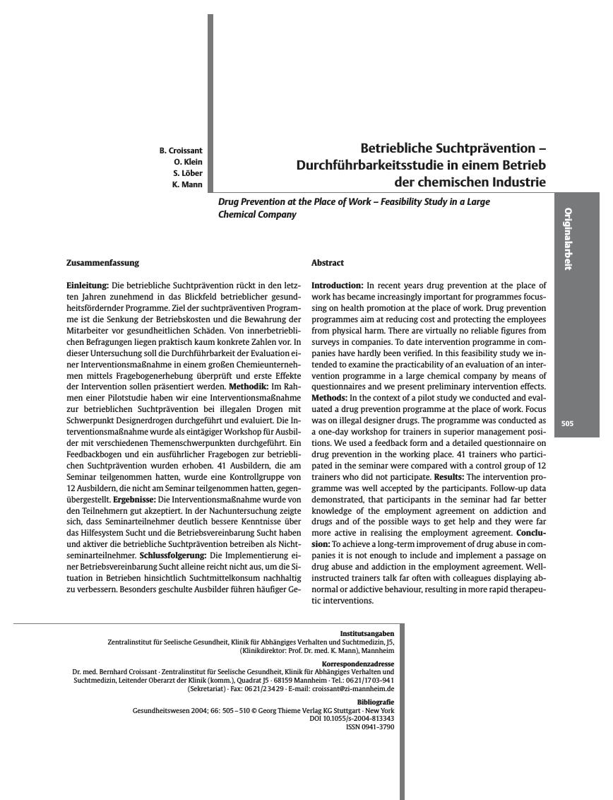 Vorschauseite 1: Betriebliche Suchtprävention - Durchführbarkeitsstudie in einem Betrieb der chemischen Industrie