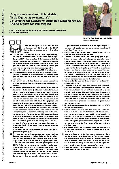 Vorschauseite 1: „Es gibt zunehmend mehr Role-Models für die Ergotherapiewissenschaft“ – Die Deutsche Gesellschaft für Ergotherapiewissenschaft e. V. (DGEW) begrüßt das 100. Mitglied