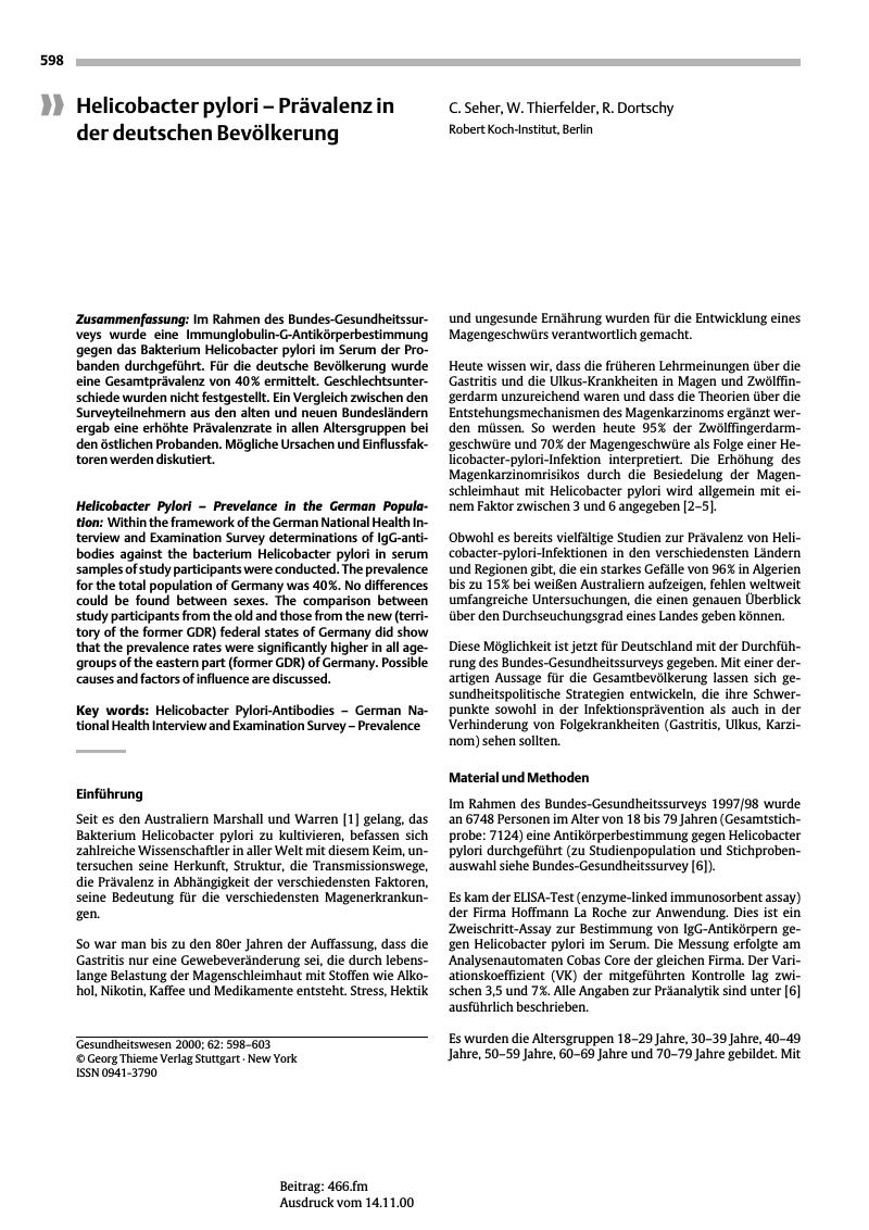 Vorschauseite 1: Helicobacter pylori - Prävalenz in der deutschen Bevölkerung