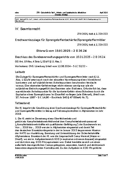 Vorschauseite 1: IV. Beamtenrecht Erschwerniszulage für Sprengstoffentschärfer/Sprengstoffermittler