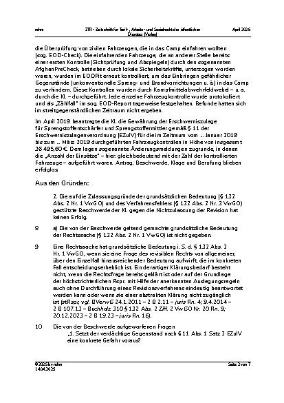 Vorschauseite 2: IV. Beamtenrecht Erschwerniszulage für Sprengstoffentschärfer/Sprengstoffermittler