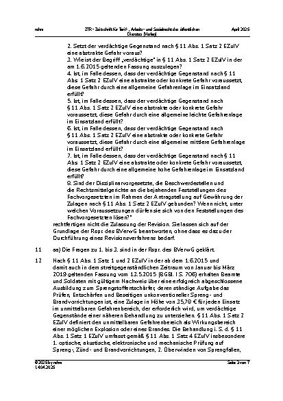 Vorschauseite 3: IV. Beamtenrecht Erschwerniszulage für Sprengstoffentschärfer/Sprengstoffermittler
