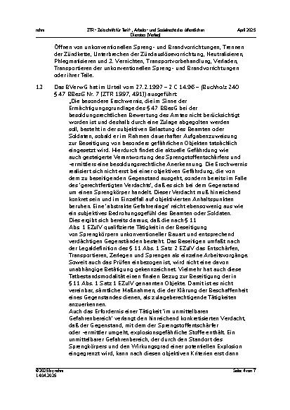 Vorschauseite 4: IV. Beamtenrecht Erschwerniszulage für Sprengstoffentschärfer/Sprengstoffermittler
