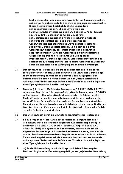 Vorschauseite 5: IV. Beamtenrecht Erschwerniszulage für Sprengstoffentschärfer/Sprengstoffermittler