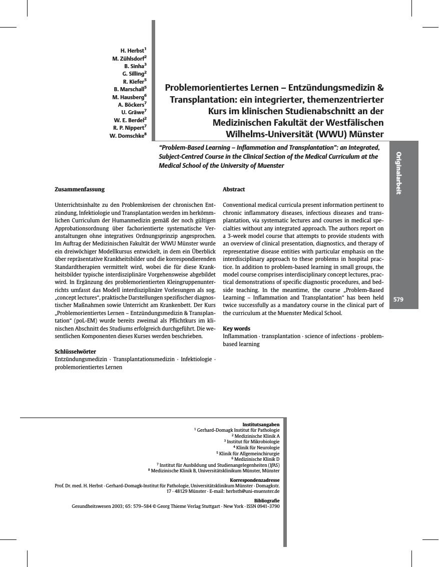Vorschauseite 1: Problemorientiertes Lernen - Entzündungsmedizin & Transplantation: ein integrierter, themenzentrierter Kurs im klinischen Studienabschnitt an der Medizinischen Fakultät der Westfä…