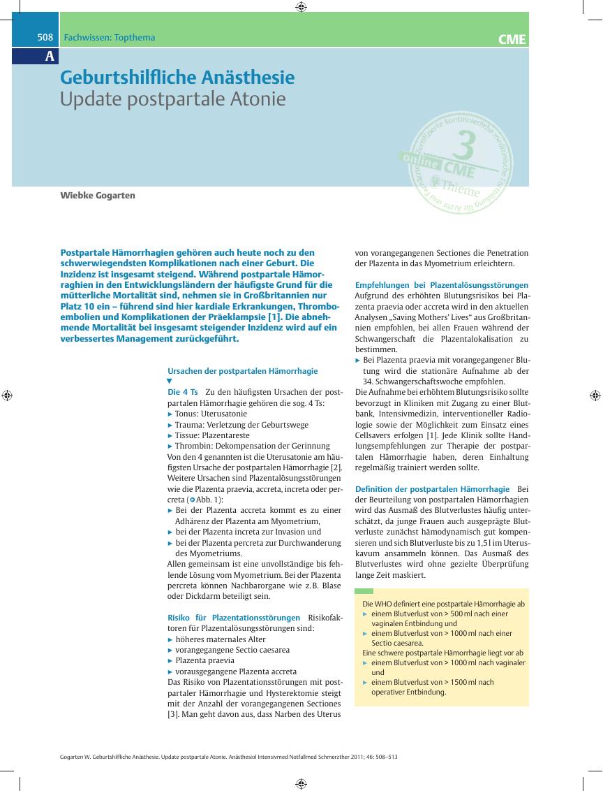 Vorschauseite 1: Geburtshilfliche Anästhesie – Update postpartale Atonie