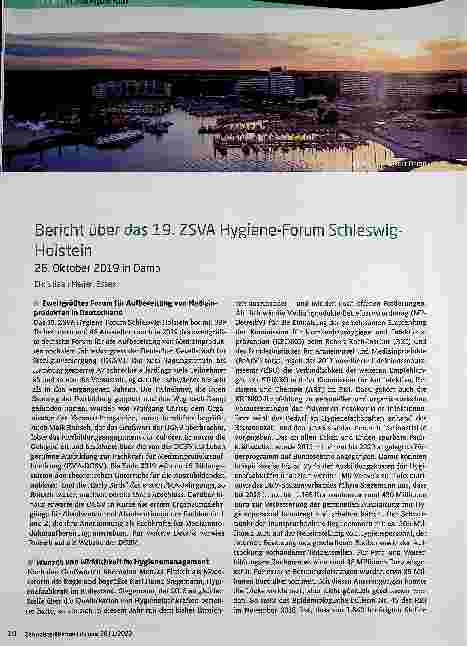 Vorschauseite 1: Bericht über das 19. ZSVA Hygieneforum Schleswig-Holstein am 26. Oktober 2019 in Damp.