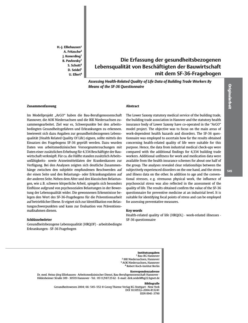 Vorschauseite 1: Die Erfassung der gesundheitsbezogenen Lebensqualität von Beschäftigten der Bauwirtschaft mit dem SF-36-Fragebogen