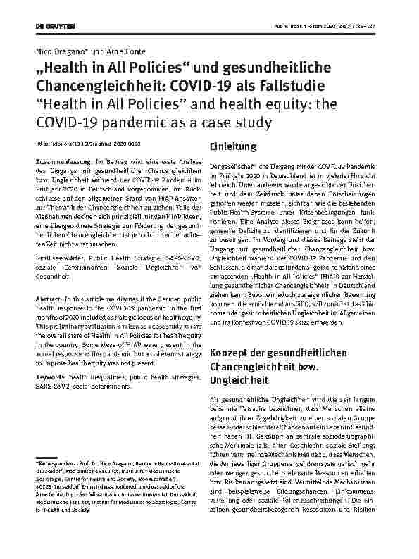 Vorschauseite 1: „Health in All Policies“ und gesundheitliche Chancengleichheit: COVID-19 als Fallstudie