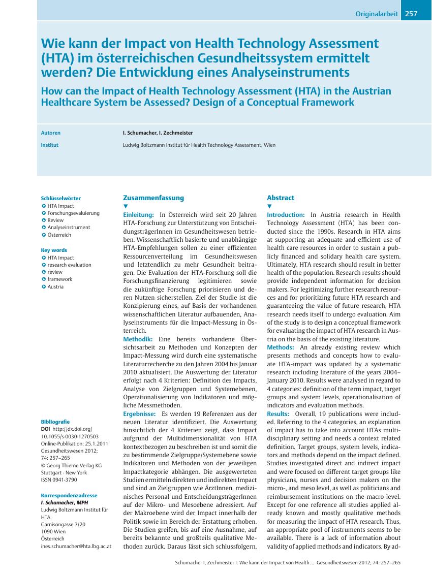 Vorschauseite 1: Wie kann der Impact von Health Technology Assessment (HTA) im österreichischen Gesundheitssystem ermittelt werden? Die Entwicklung eines Analyseinstruments