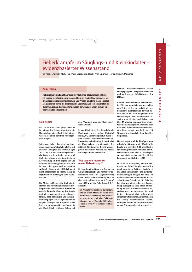 Vorschauseite 1: Fieberkrämpfe im Säuglingsund Kleinkindalter - evidenzbasierter Wissensstand