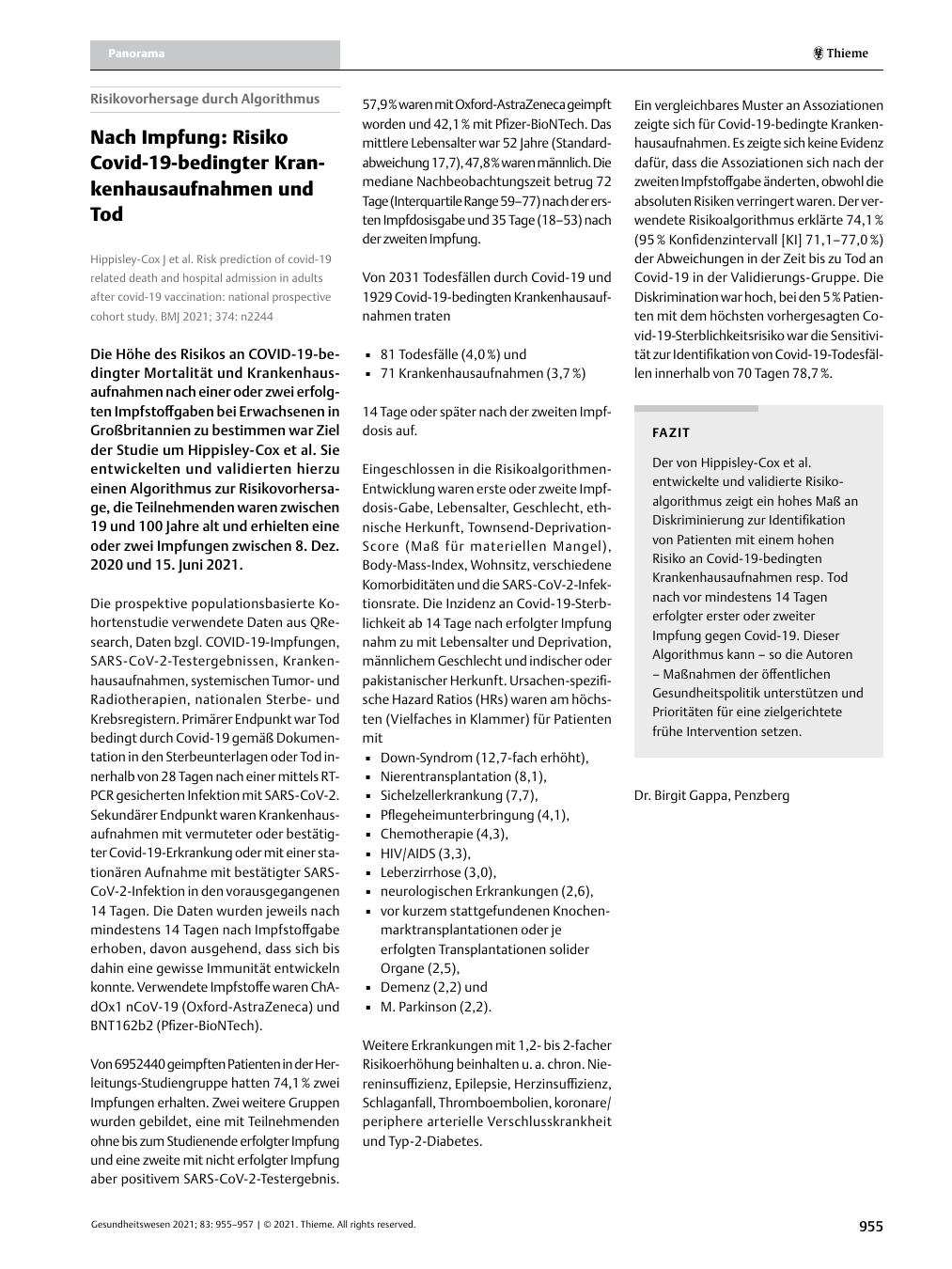 Vorschauseite 1: Nach Impfung: Risiko Covid-19-bedingter Krankenhausaufnahmen und Tod