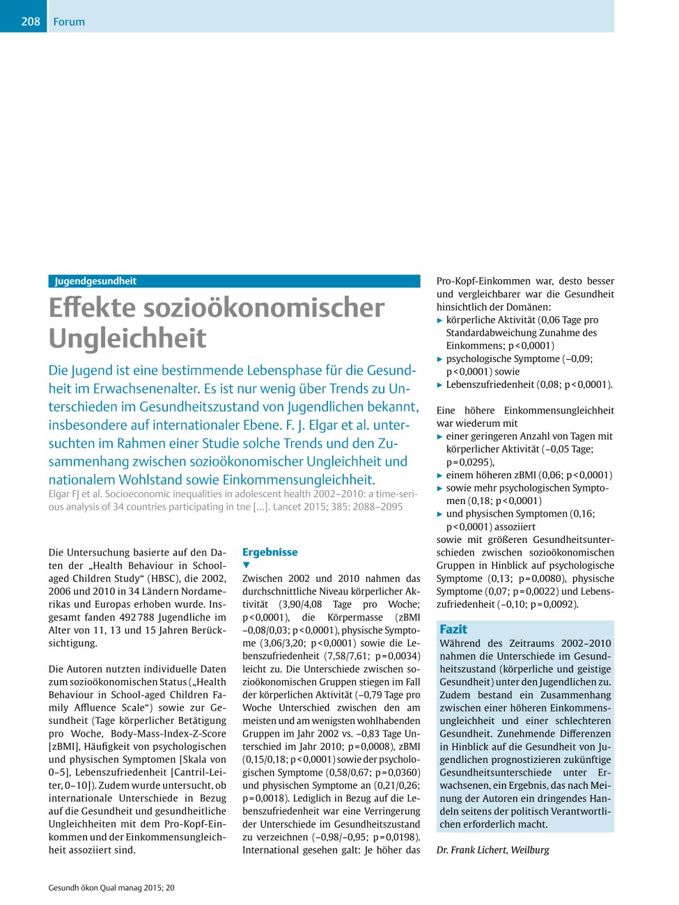 Vorschauseite 1: Jugendgesundheit – Effekte sozioökonomischer Ungleichheit