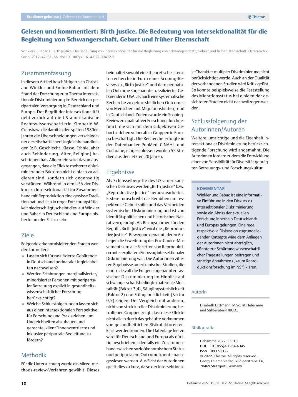 Vorschauseite 1: Gelesen und kommentiert: Birth Justice. Die Bedeutung von Intersektionalität für die Begleitung von Schwangerschaft, Geburt und früher Elternschaft.
