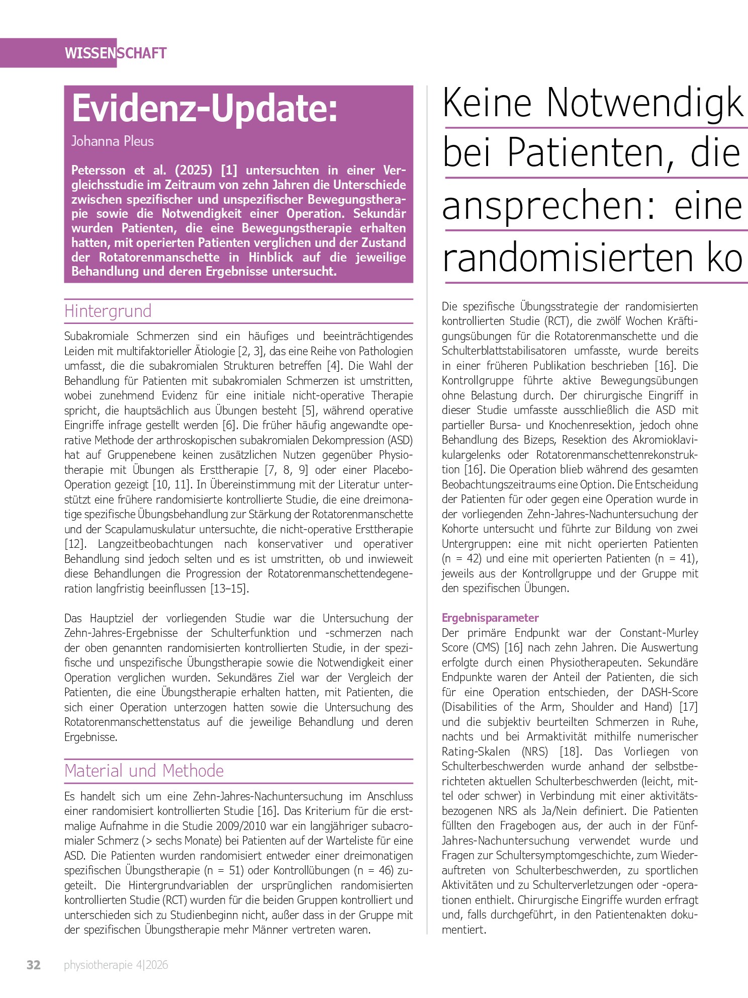 Vorschauseite 1: Evidenz-Update: Keine Notwendigkeit einer subakromialen Dekompression bei Patienten, die auf eine spezifische Übungstherapie ansprechen: Zehn-Jahres-Nachuntersuchung einer randomi…