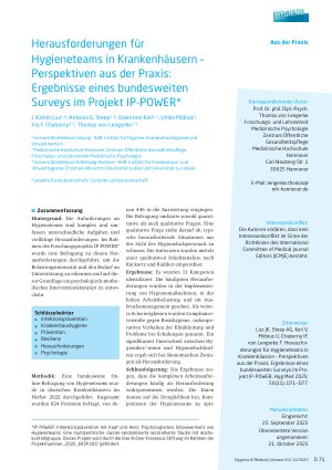 Vorschauseite 1: Herausforderungen für Hygieneteams in Krankenhäusern – Perspektiven aus der Praxis: Ergebnisse eines bundesweiten Surveys im Projekt IP-POWER*