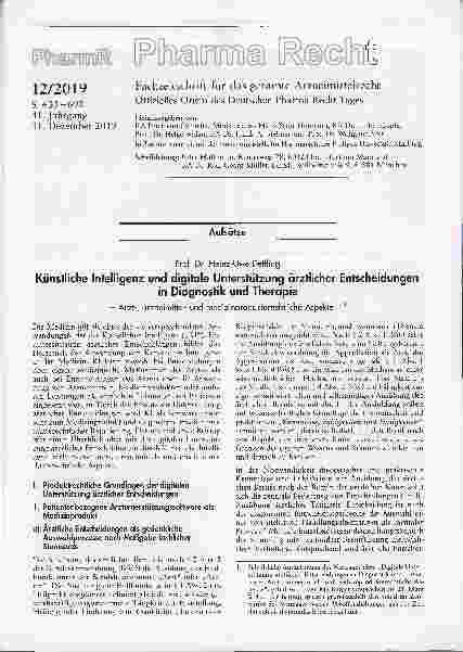 Vorschauseite 1: Künstliche Intelligenz und digitale Unterstützung ärztlicher Entscheidungen in Diagnostik und Therapie. Arzt-, arzneimittelund medizinprodukterechtliche Aspekte
