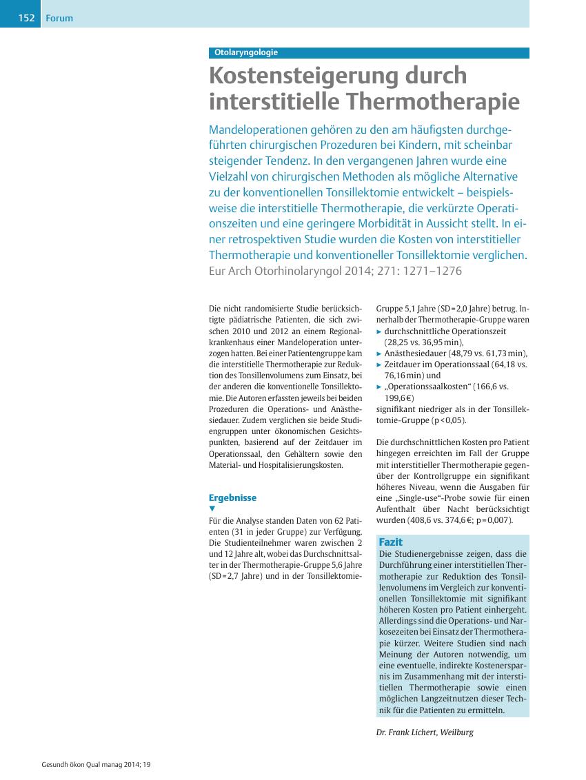 Vorschauseite 1: Otolaryngologie – Kostensteigerung durch interstitielle Thermotherapie