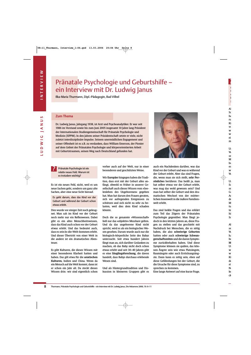 Vorschauseite 1: Pränatale Psychologie und Geburtshilfe - ein Interview mit Dr. Ludwig Janus