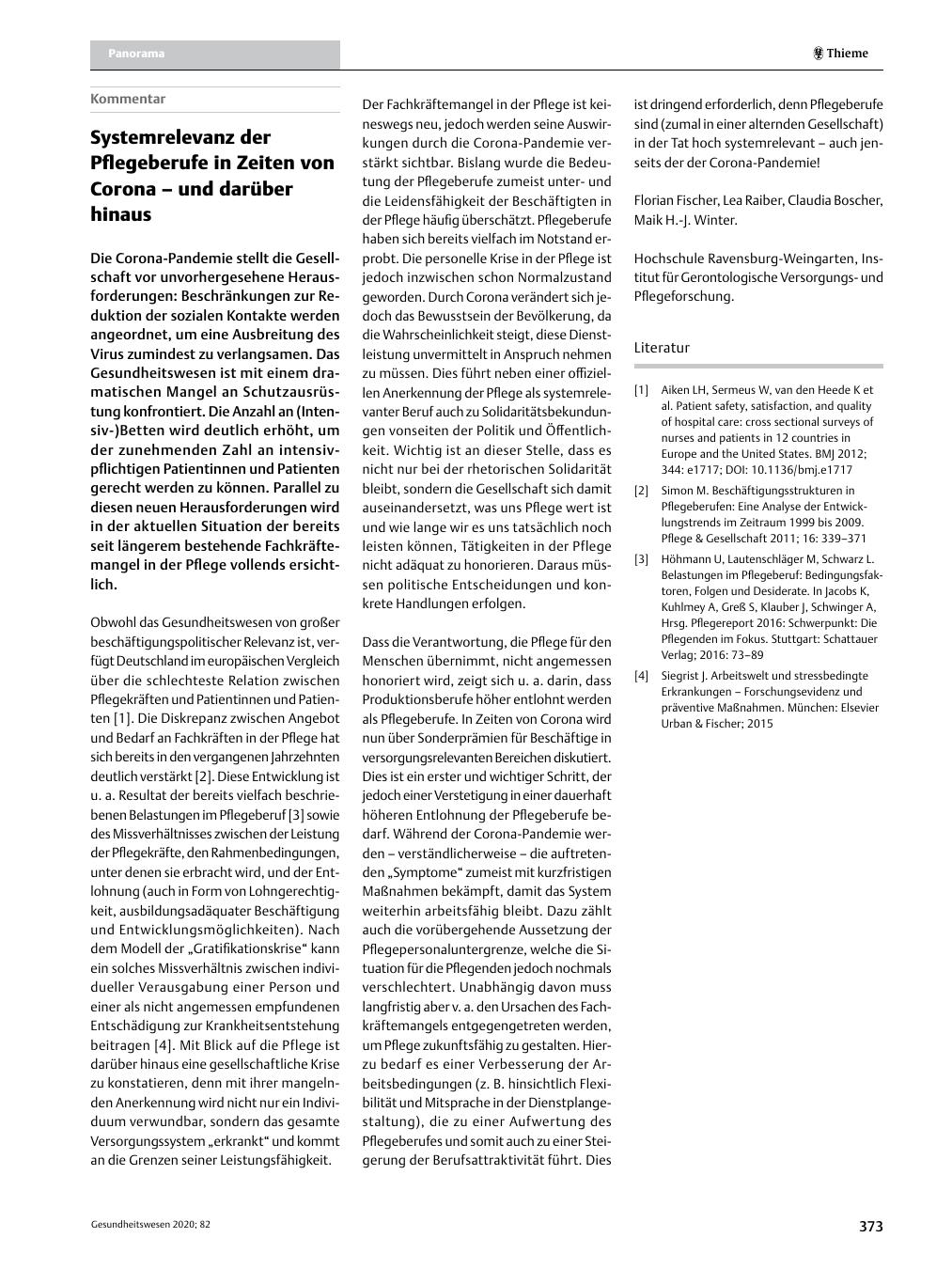 Vorschauseite 1: Systemrelevanz der Pflegeberufe in Zeiten von Corona – und darüber hinaus