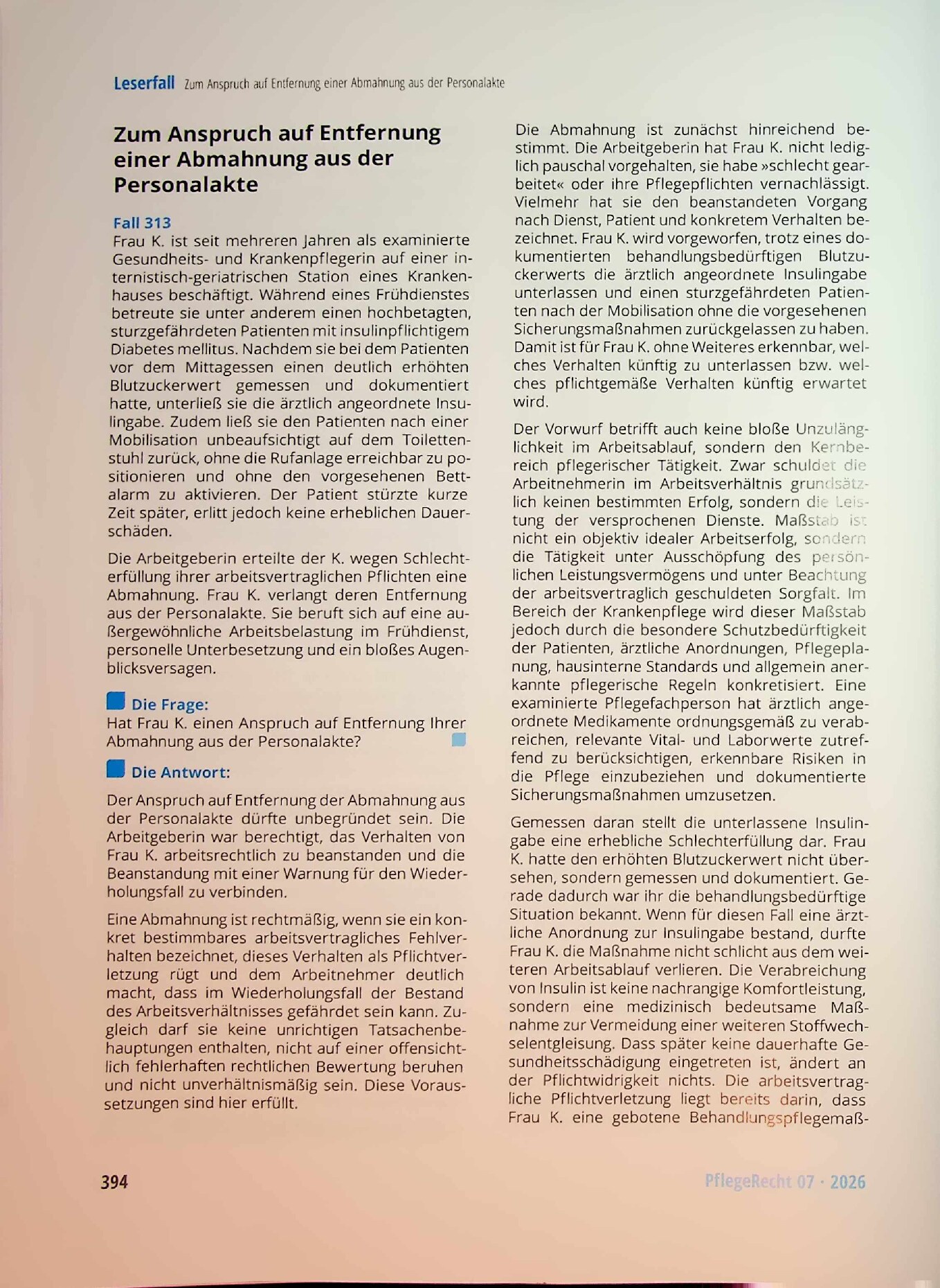Vorschauseite 1: Zum Anspruch auf Entfernung einer Abmahnung aus der Personalakte