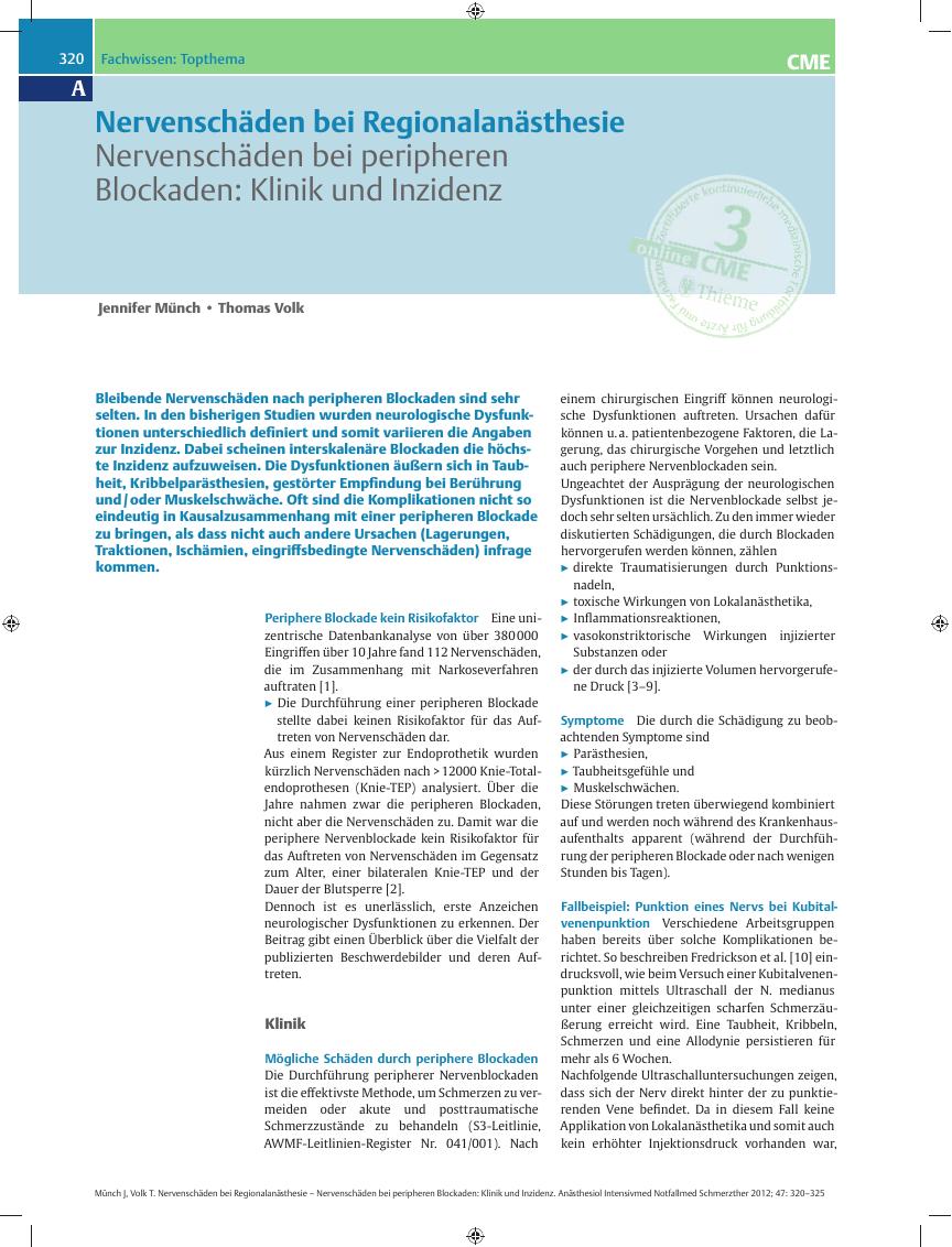 Vorschauseite 1: Nervenschäden bei Regionalanästhesie – Nervenschäden bei peripheren Blockaden: Klinik und Inzidenz