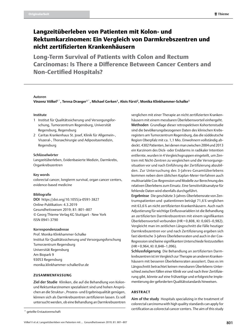 Vorschauseite 1: Langzeitüberleben von Patienten mit Kolonund Rektumkarzinomen: Ein Vergleich von Darmkrebszentren und nicht zertifizierten Krankenhäusern