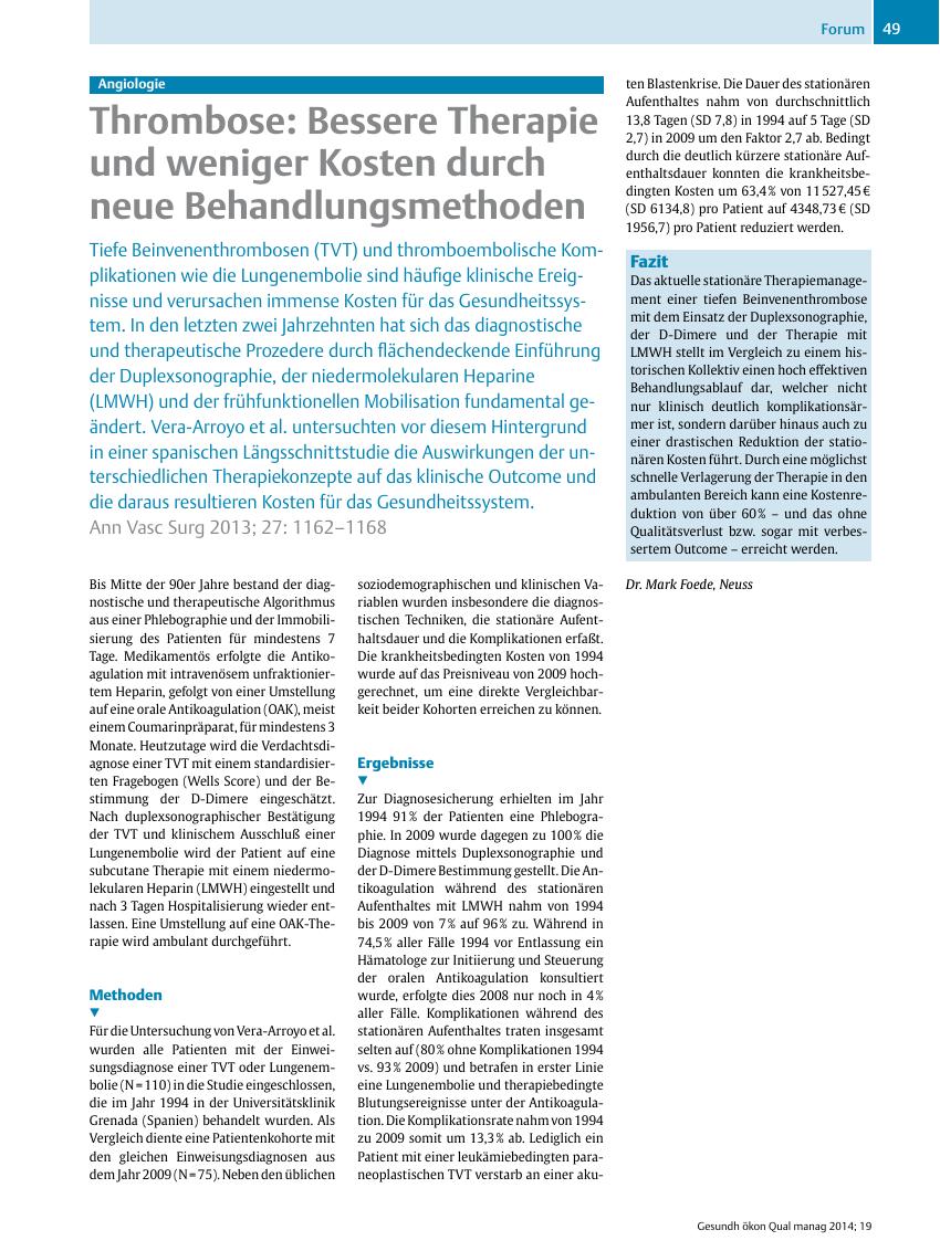 Vorschauseite 1: Angiologie – Thrombose: Bessere Therapie und weniger Kosten durch neue Behandlungsmethoden