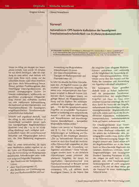 Vorschauseite 1: Die automatisierte OPS-basierte Kalkulation der hauseigenen Transfusionswahrscheinlichkeit von Erythrozytenkonzentraten.