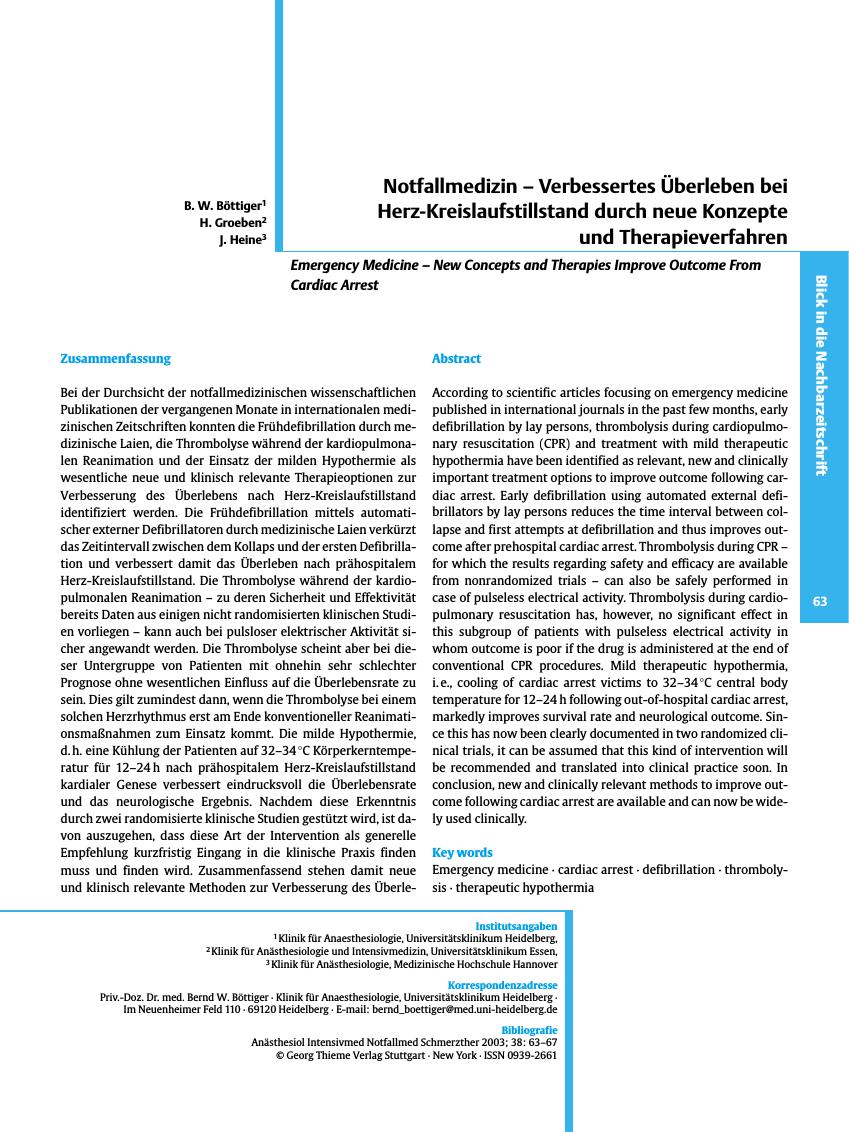 Vorschauseite 1: Notfallmedizin - Verbessertes Überleben bei Herz-Kreislaufstillstand durch neue Konzepte und Therapieverfahren