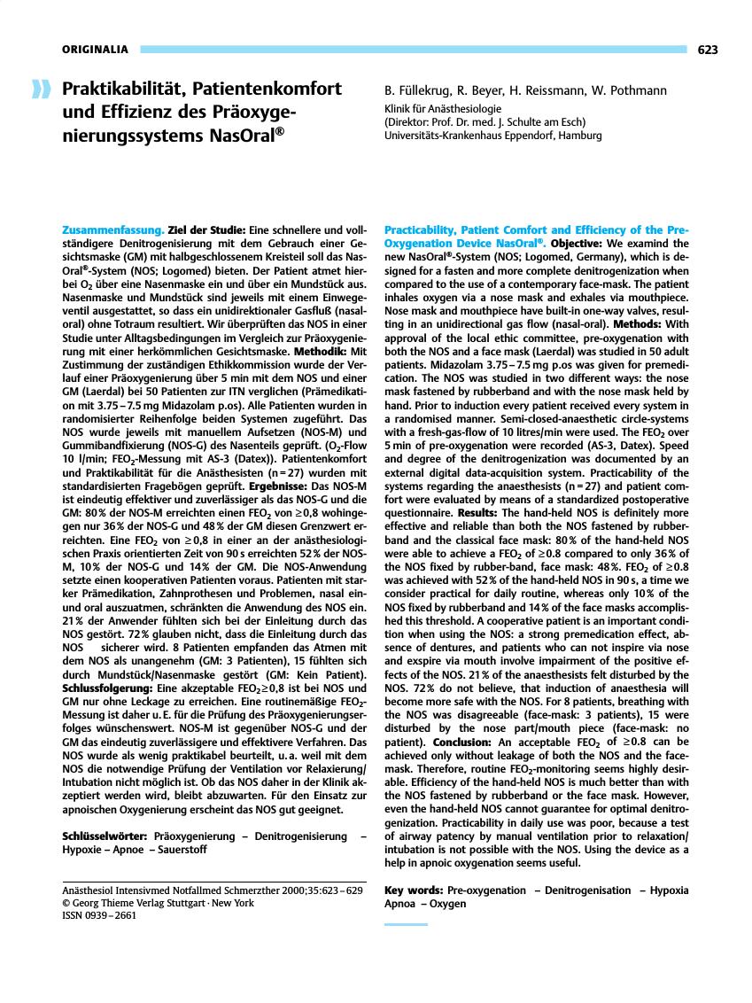 Vorschauseite 1: Praktikabilität, Patientenkomfort und Effizienz des Präoxygenierungssystems NasOral®