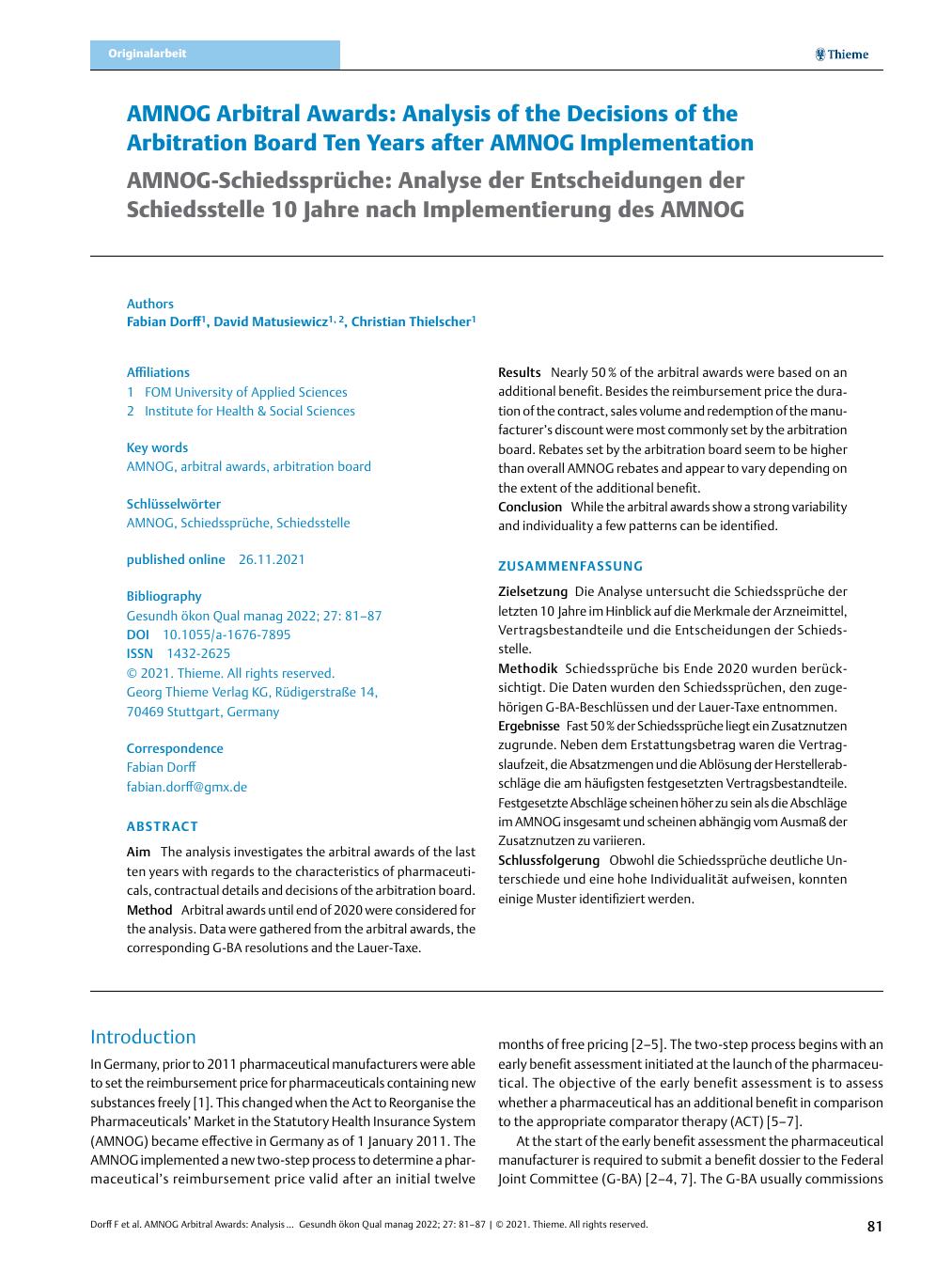 Vorschauseite 1: AMNOG Arbitral Awards: Analysis of the Decisions of the Arbitration Board Ten Years after AMNOG Implementation