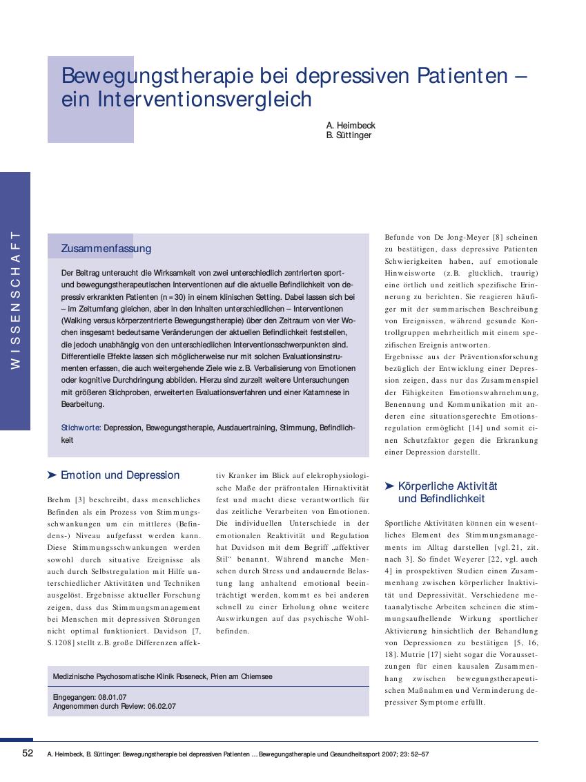Vorschauseite 1: Bewegungstherapie bei depressiven Patienten - ein Interventionsvergleich