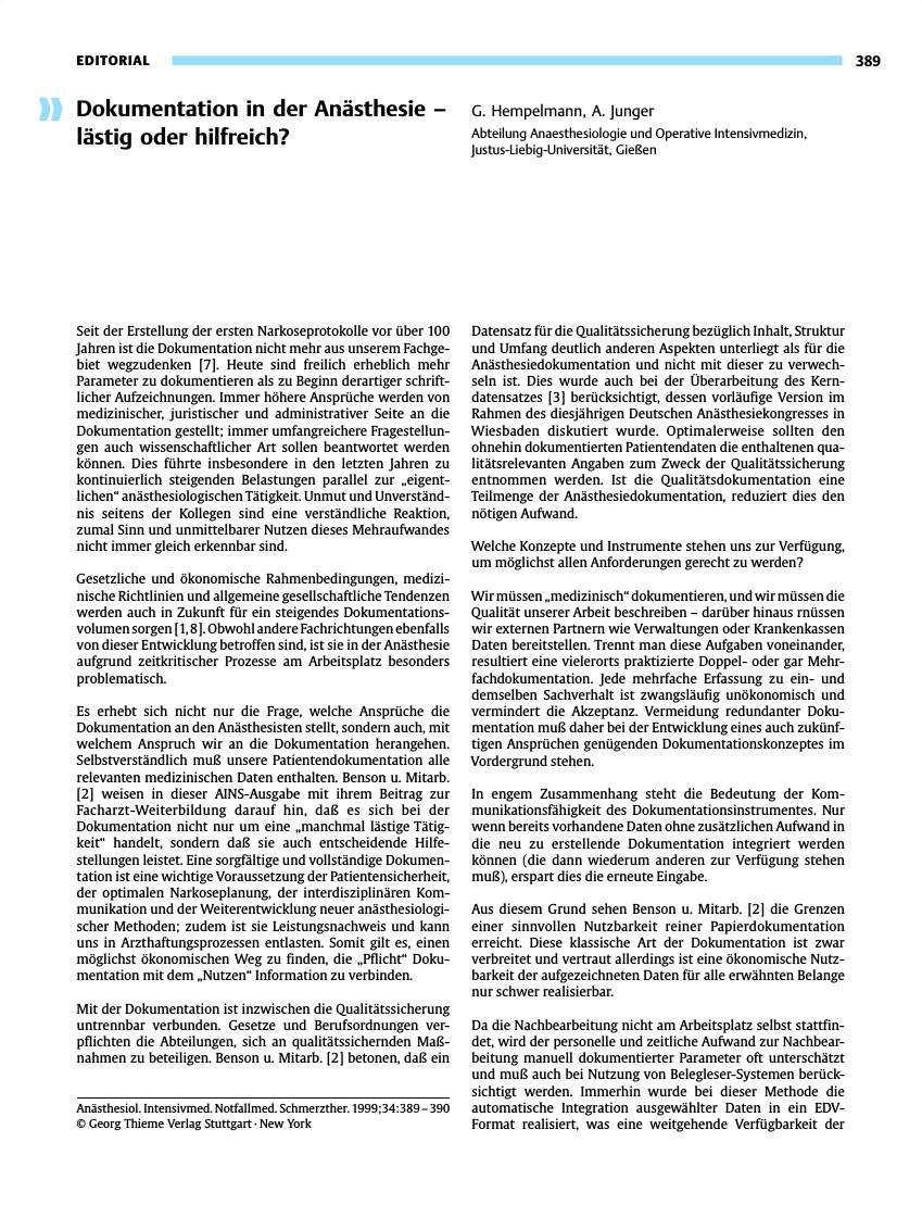 Vorschauseite 1: Dokumentation in der Anästhesie - lästig oder hilfreich?