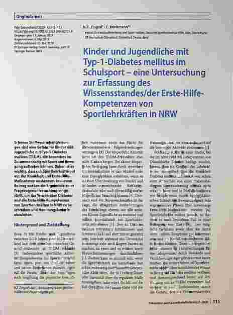 Vorschauseite 1: Kinder und Jugendliche mit Typ-1-Diabetes mellitus im Schulsport - eine Untersuchung zur Erfassung des Wissensstandes/der Erste-Hilfe-Kompetenzen von Sportlehrkräften in NRW