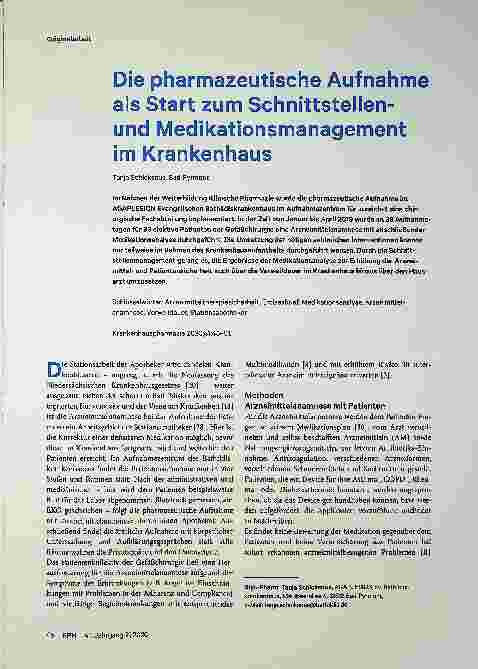 Vorschauseite 1: Die pharmazeutische Aufnahme als Start zum Schnittstellenund Medikationsmanagement im Krankenhaus