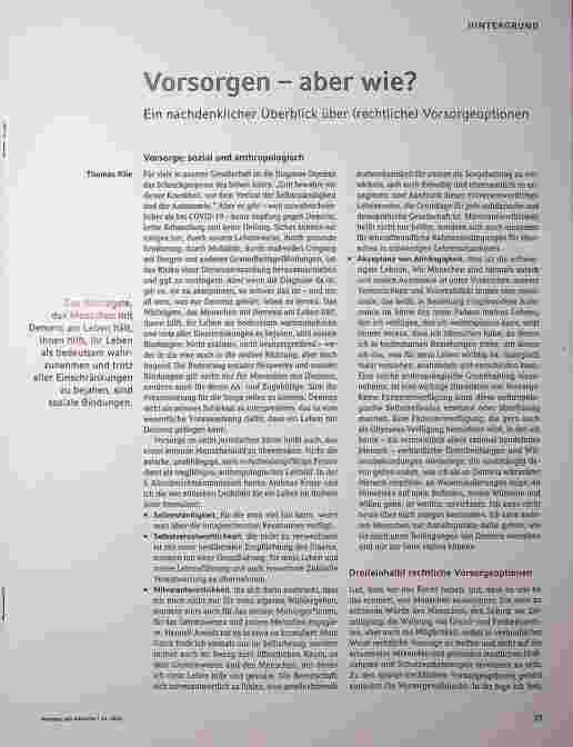 Vorschauseite 1: Vorsorgen) - aber wie? Ein nachdenklicher Überblick über (rechtliche) Vorsorgeoptionen