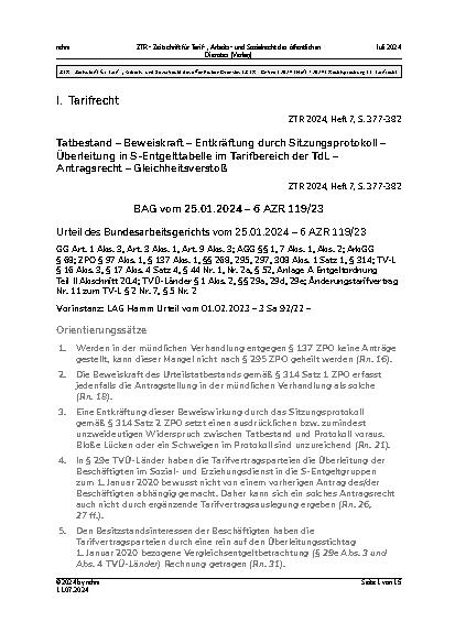 Vorschauseite 1: Tarifrecht Tatbestand – Beweiskraft – Entkräftung durch Sitzungsprotokoll – Überleitung in S-Entgelttabelle im Tarifbereich der TdL – Antragsrecht – Gleichheitsverstoß