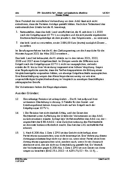 Vorschauseite 6: Tarifrecht Tatbestand – Beweiskraft – Entkräftung durch Sitzungsprotokoll – Überleitung in S-Entgelttabelle im Tarifbereich der TdL – Antragsrecht – Gleichheitsverstoß
