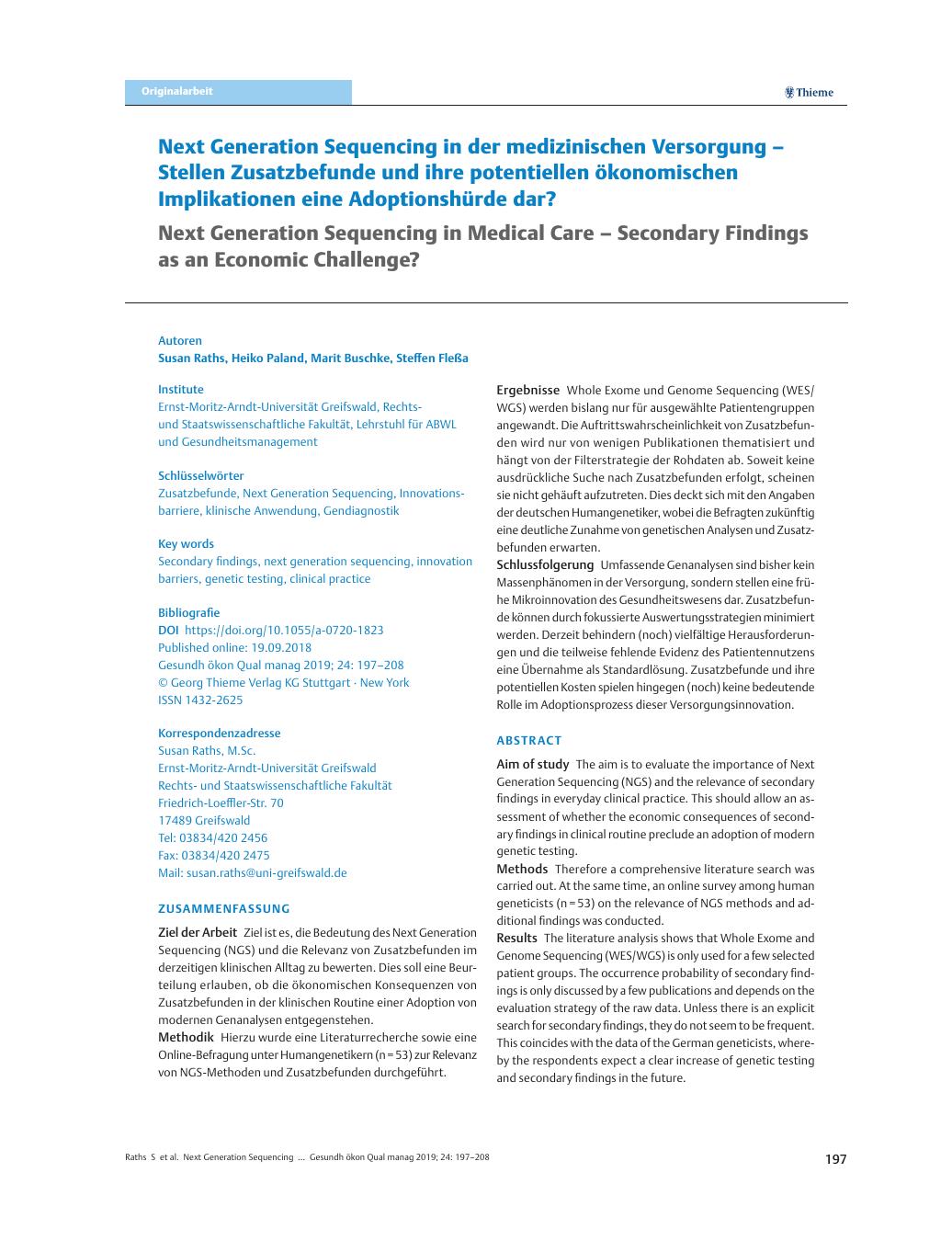 Vorschauseite 1: Next Generation Sequencing in der medizinischen Versorgung – Stellen Zusatzbefunde und ihre potentiellen ökonomischen Implikationen eine Adoptionshürde dar?