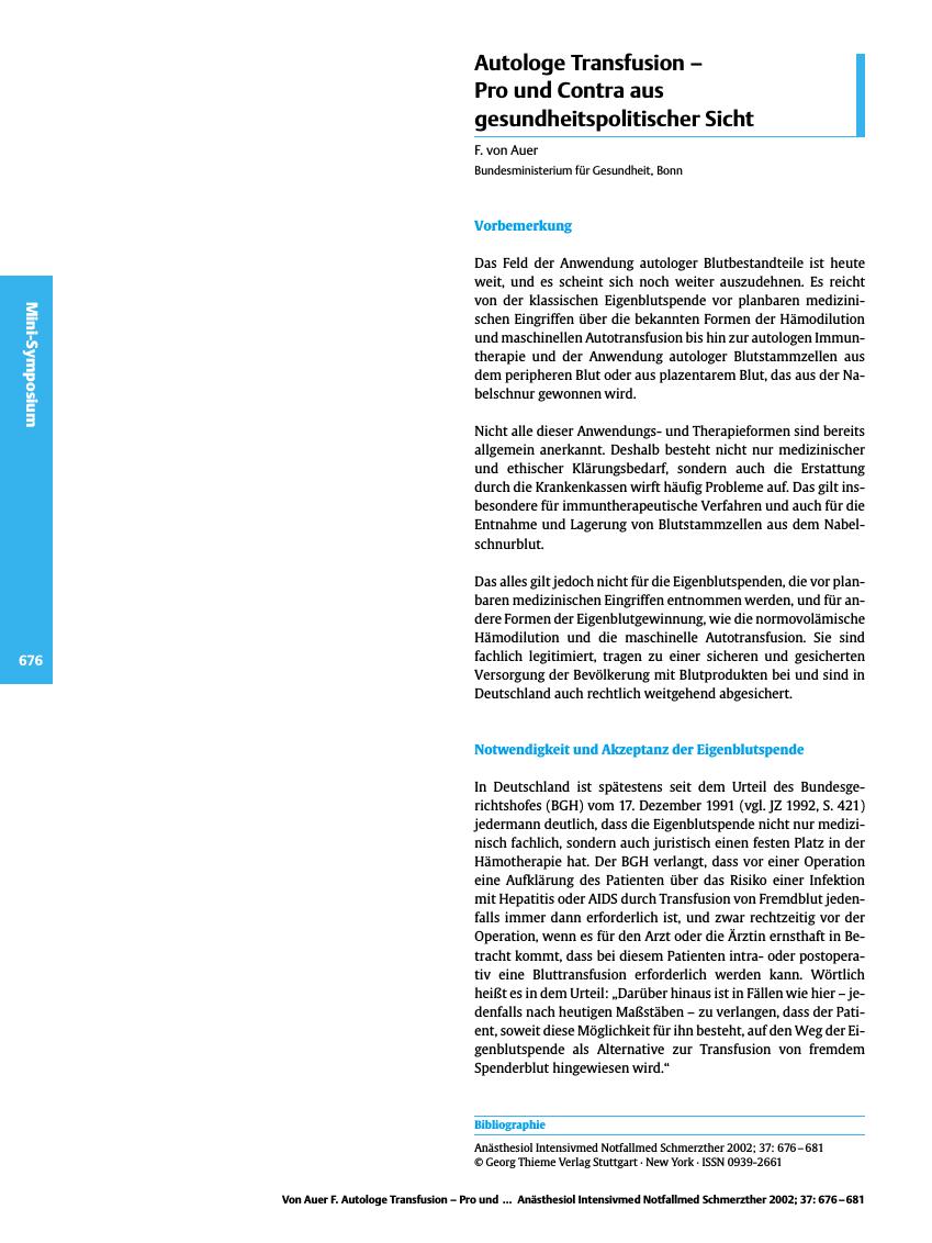 Vorschauseite 1: Autologe Transfusion - Pro und Contra aus gesundheitspolitischer Sicht