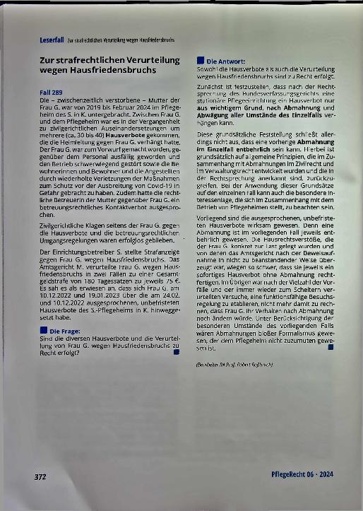 Vorschauseite 1: Zur strafrechtlichen Verurteilung wegen Hausfriedensbruchs.