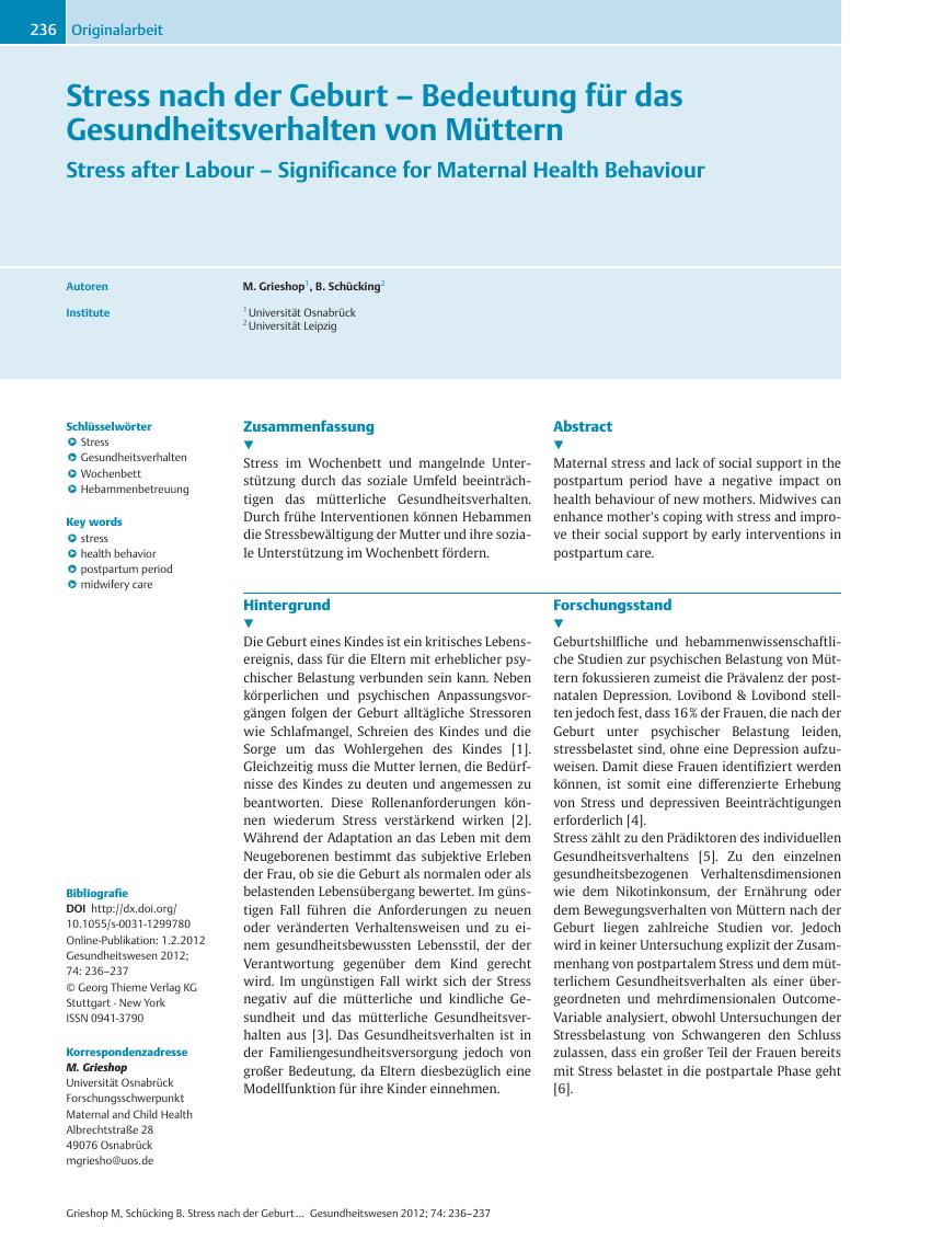 Vorschauseite 1: Stress nach der Geburt? Bedeutung für das Gesundheitsverhalten von Müttern