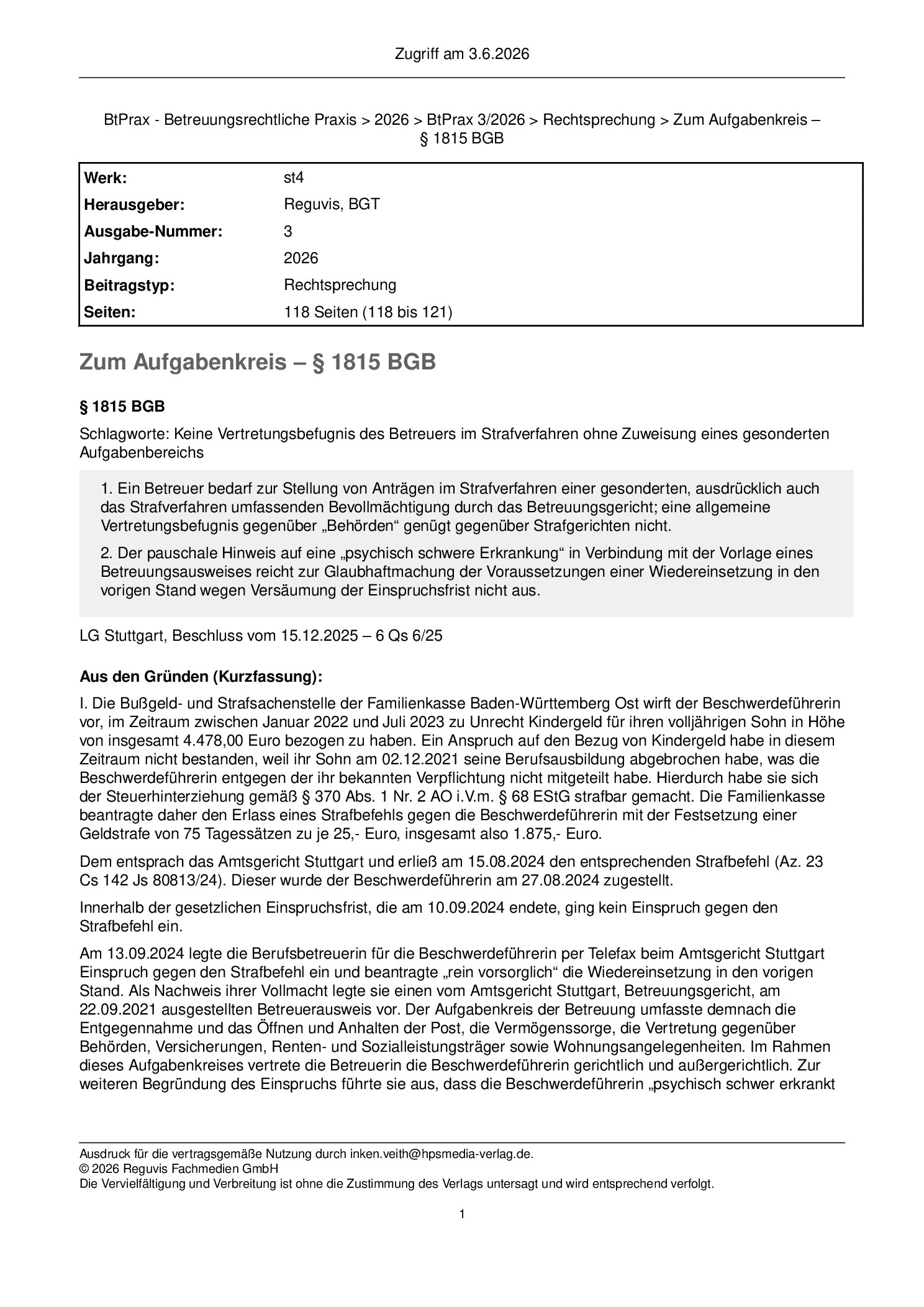 Vorschauseite 1: Zum Aufgabenkreis – § 1815 BGB